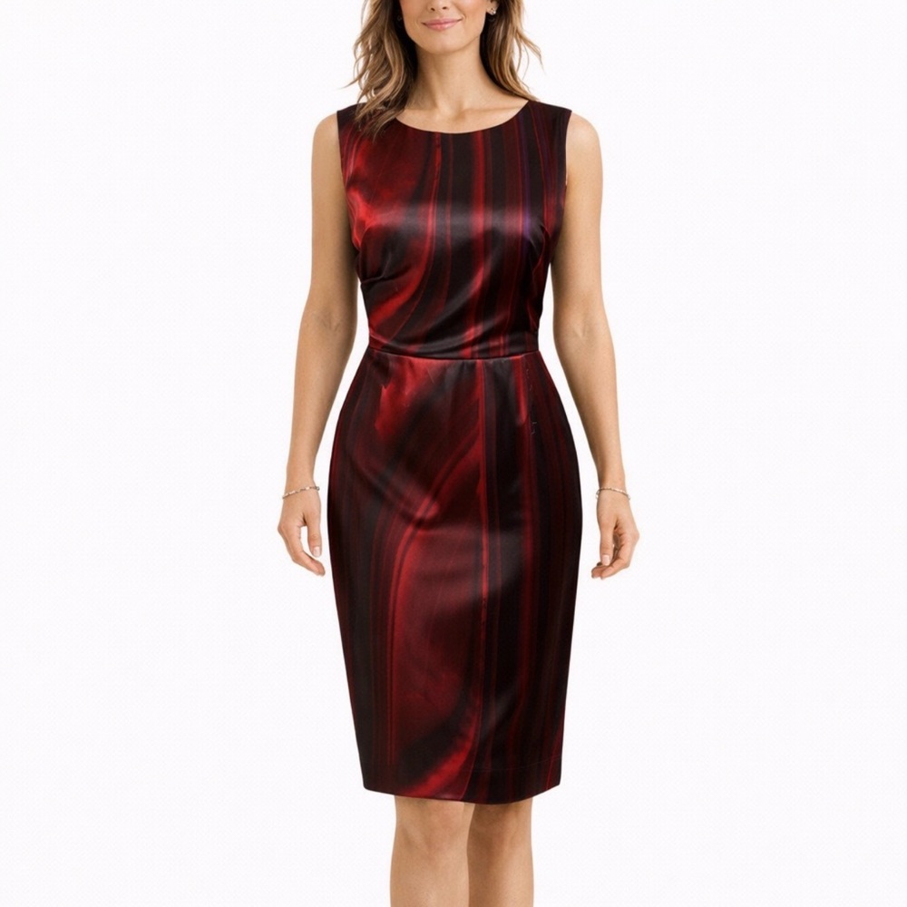 Tahari Dress Ruby Red Black Purple 6 Faux Stretch Silk Sheath NWT $198